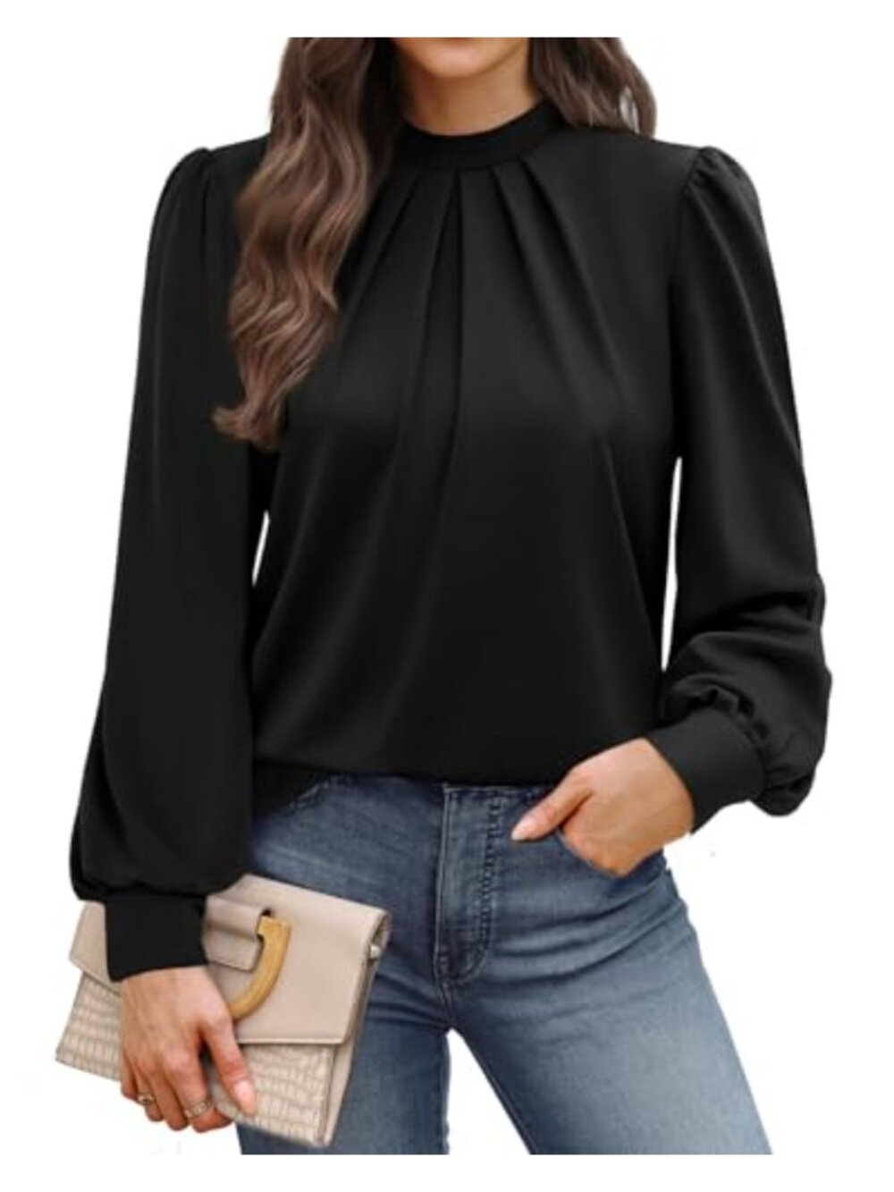 Womens Mock Neck Pleated Blouse Long Sleeve Dressy Casual Top